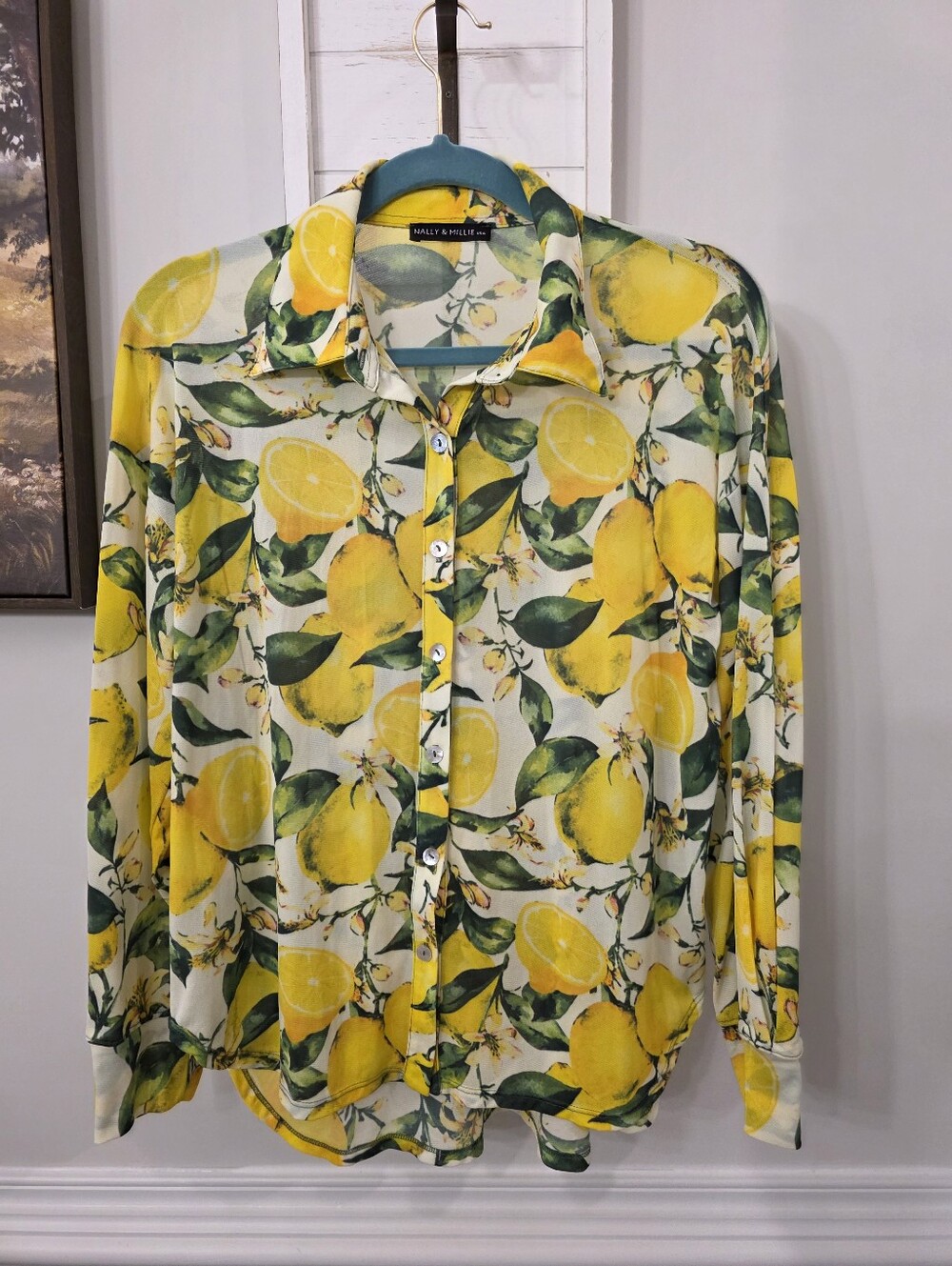 Nally And Millie Lemon Print Button Up Top Size S/M